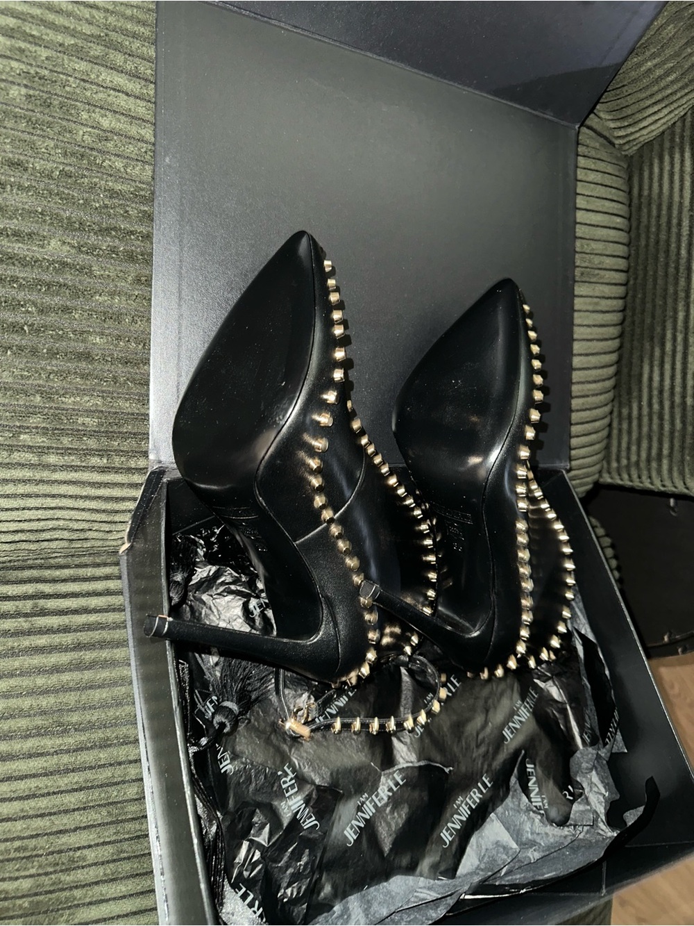 Black Pointed Stiletto Heels with Gold Stud Trim